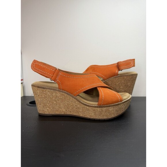 Clarks Aisley Tulip Sandals Suede Wedge Heels Slingback Orange Women’s Sz 8 - Picture 3 of 10